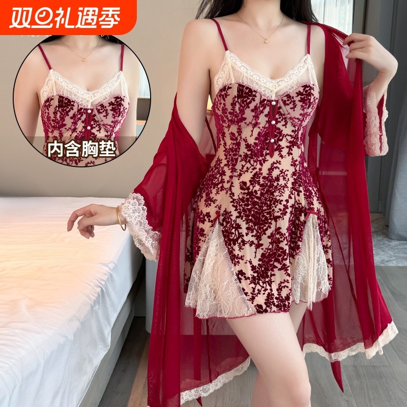 唯美纱甜美诱惑睡衣深V吊带睡裙带胸垫性感露背睡裙外袍套装S001