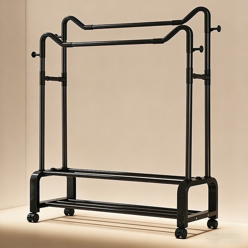 挂衣架家用落地卧室双杆晾衣架室内置物猫耳衣帽架阳台晒衣服架子