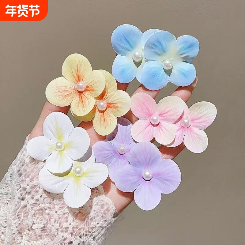 小清新甜美仿真双花朵珍珠发夹少女前额碎发夹侧边鸭嘴夹头饰发卡