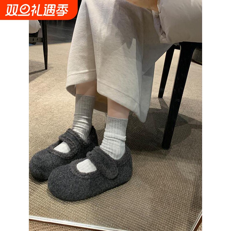 加绒玛丽珍鞋女冬毛毛鞋2025年新款内增高毛呢料配大衣勃肯棉鞋子
