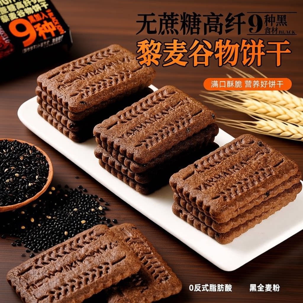 粗粮全麦无糖饼干九黑藜麦五谷杂粮谷物零食早餐饼无蔗糖代餐高纤
