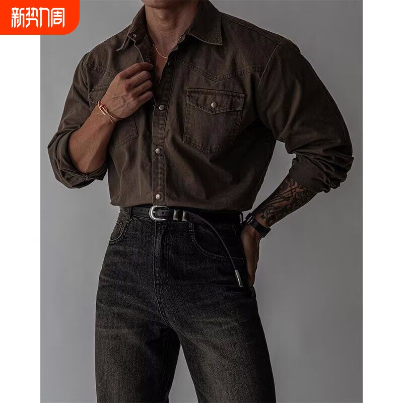老钱风纯色工装长袖衬衫男纯棉新款宽松韩系通勤做旧衬衣外套潮牌