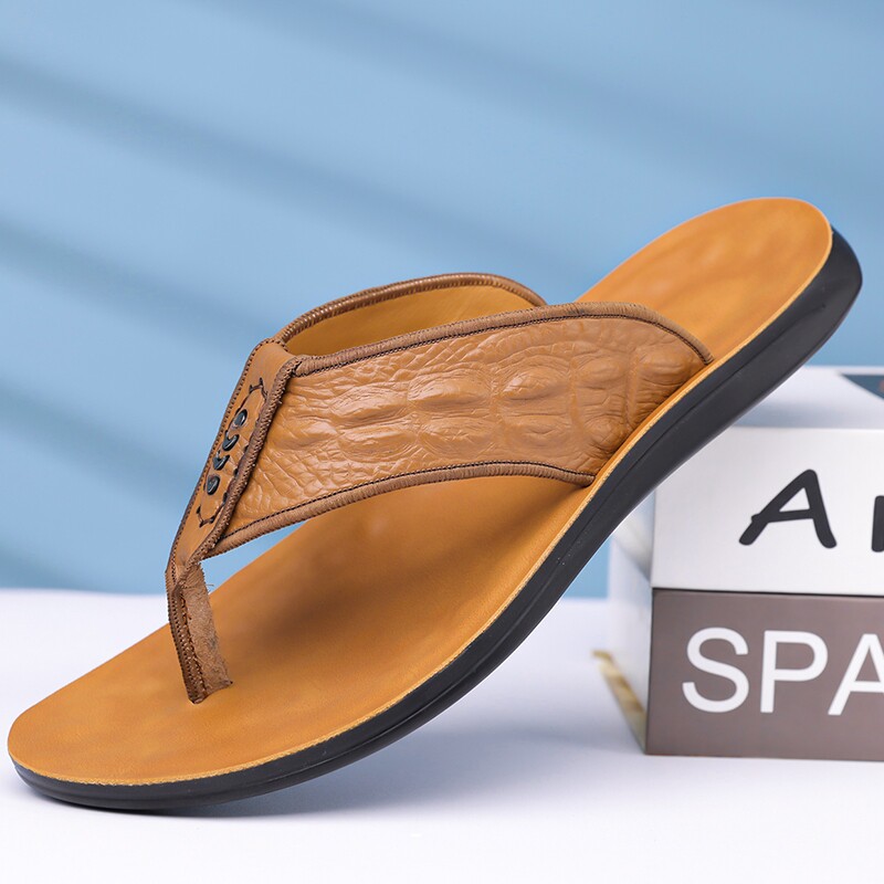2026新款夏季人字拖男新款头层牛皮外穿鳄鱼纹休闲百搭防滑软底沙