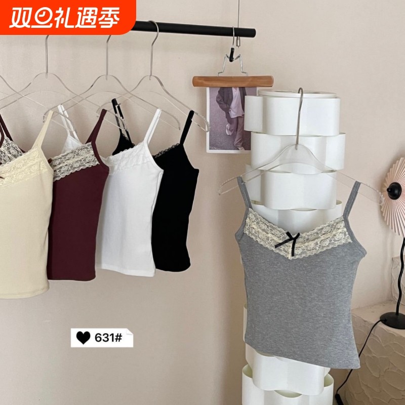 法式带胸垫内搭小吊带背心女春装外穿纯欲蝴蝶结蕾丝打底白色上衣