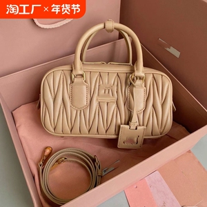 miu家小号保龄球包褶皱羊皮复古手提包小方包斜挎波士顿包秋冬款