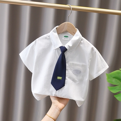 男童短袖衬衣2025夏季儿童领带学院风衬衫男女童薄款t恤上衣潮12