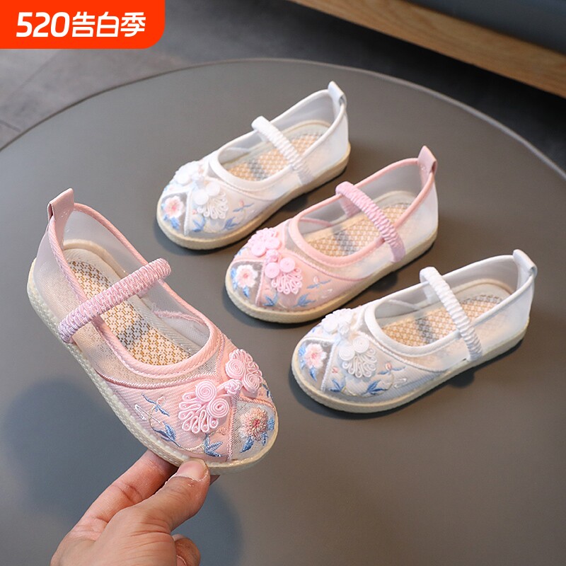 汉服绣花鞋子民族风儿童布鞋牛筋底女童鞋中国风舞蹈鞋古装刺绣鞋