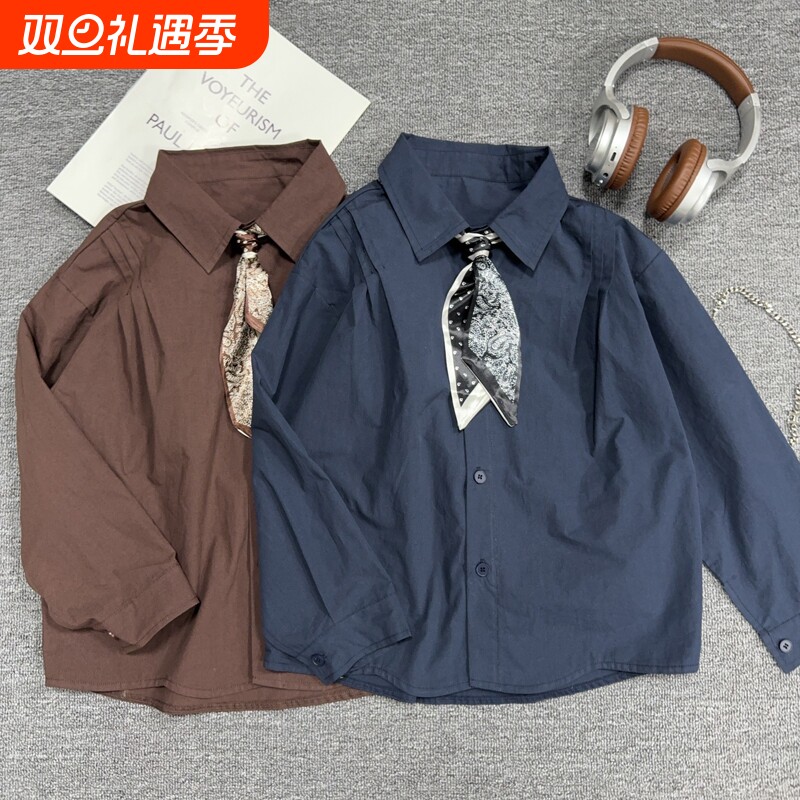 tgc2025秋季儿童休闲薄外套中大童男童春秋深蓝宽松领带衬衫上