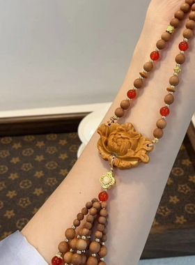 原创老山檀木牡丹花吊坠项链女新中式高级感长款毛衣链配饰品