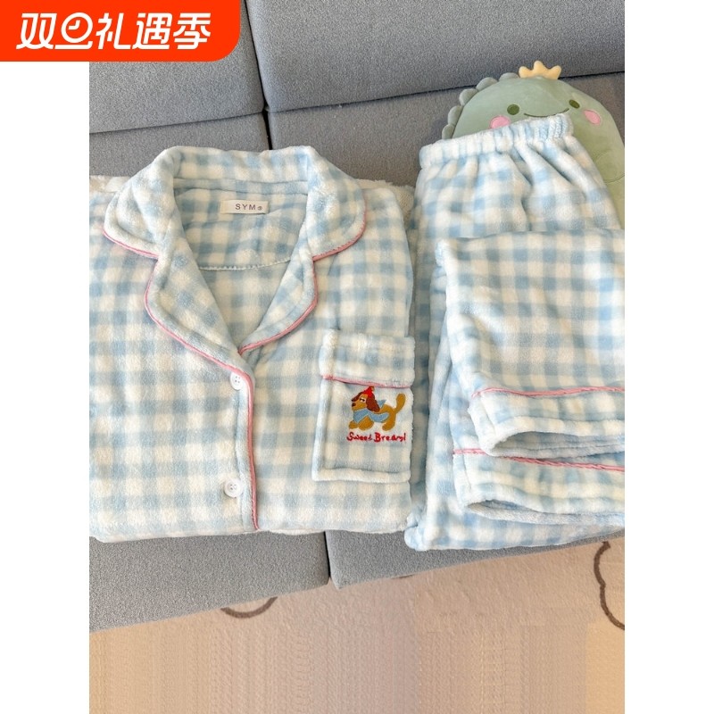 红豆珊瑚绒大码睡衣女秋冬款甜美卡通小狗加厚保暖奶蓝格子家居服