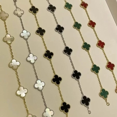 镭射五花四叶草手链女18K女款小众轻奢首饰叠戴黄金贝母玫瑰金