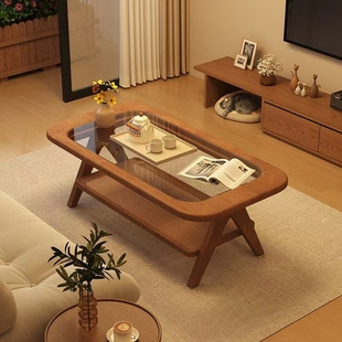实木茶几客厅家用2025新款高级感桌子玻璃日式茶桌简易藤编原木