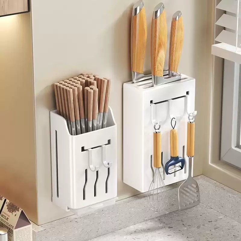 刀架厨房用品免打孔不锈钢壁挂式菜刀置物架家用放刀具筷子收纳架