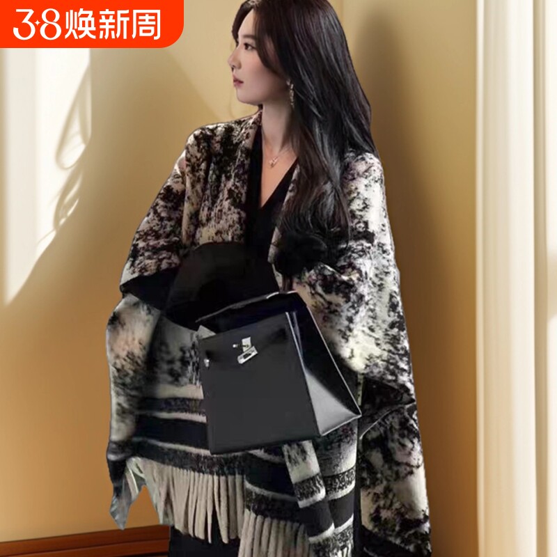 LVАFGН羊绒围巾女冬百搭高级感保暖围脖水墨画羊毛斗篷披肩外搭