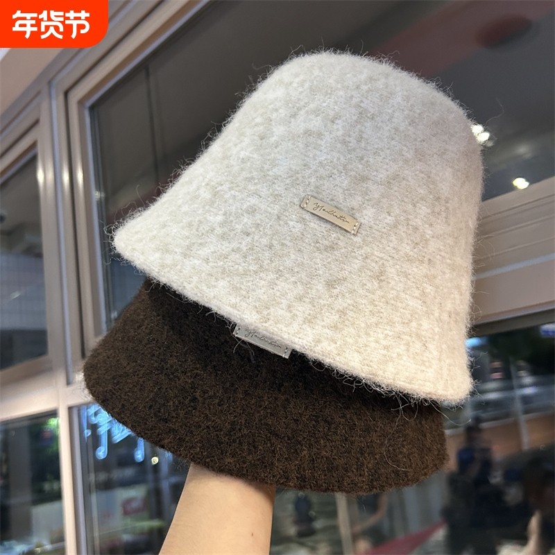 加厚渔夫帽子女秋冬季保暖水桶帽遮脸显脸小盆帽灰色白色黑色针织