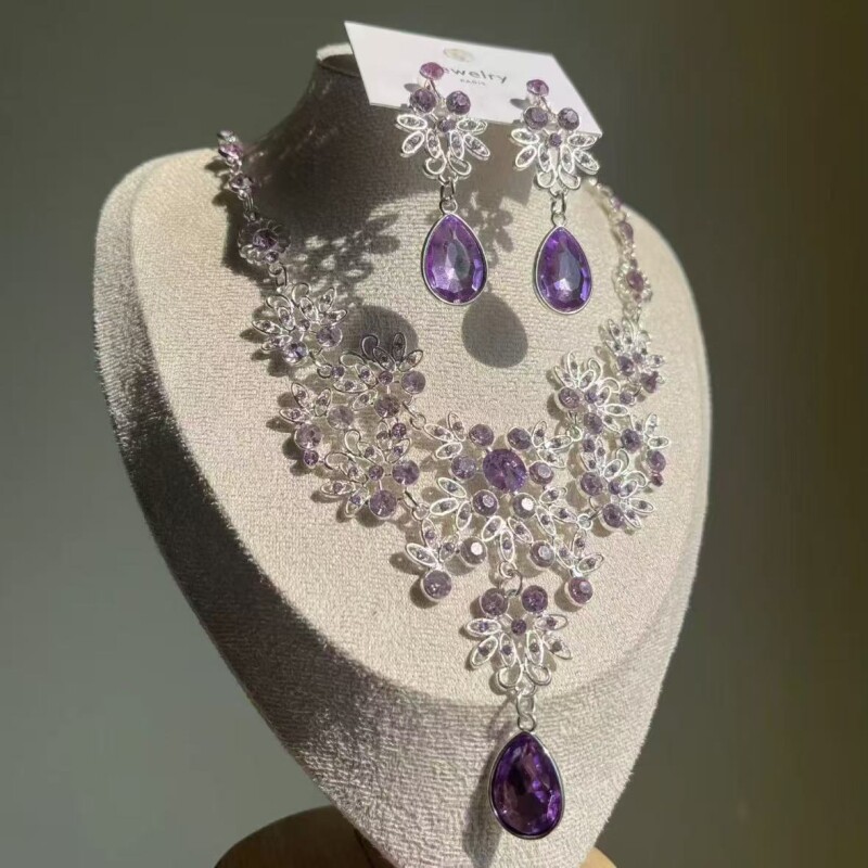 超闪紫色锆石花朵项链耳环套装女小众设计高级晚宴礼服配饰锁骨链