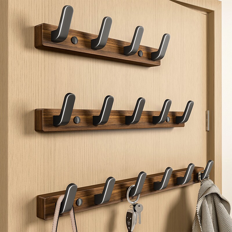 门后挂钩黑胡桃木挂衣架墙上壁挂免打孔玄关钥匙入户衣钩上墙墙面