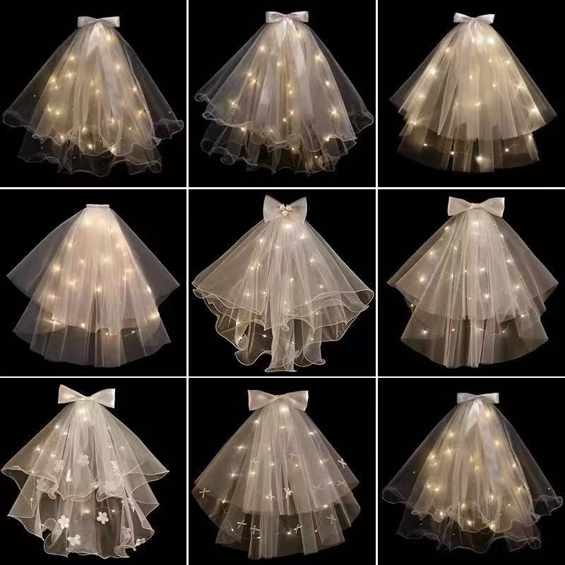 头纱领证求婚登记拍照道具新娘主婚纱头饰儿童公主风发饰发光皇冠