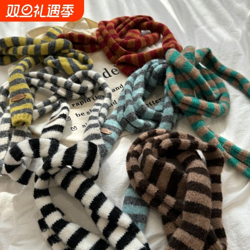 ins条纹三角针织小披肩围巾女秋冬季装饰护颈围脖保暖潮红色咖色