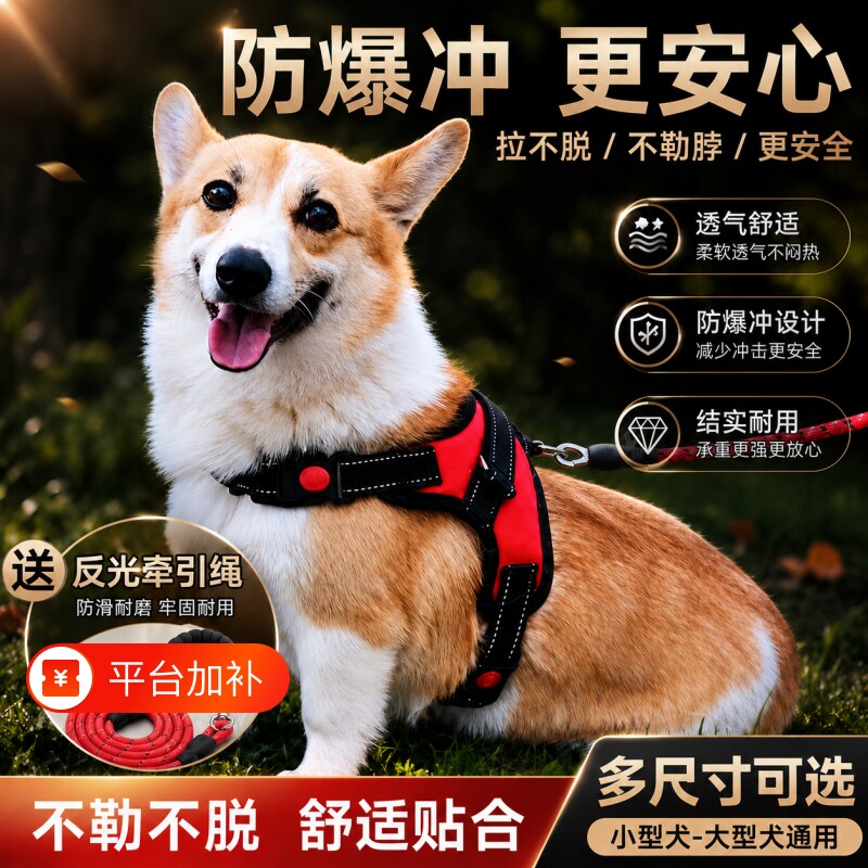 防爆冲狗狗胸背带背心式胸背带中型犬柯基柴犬透气轻便遛狗牵引绳