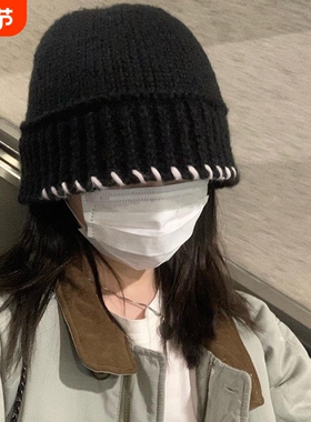 秋冬季保暖针织帽子女百搭水桶帽黑色毛线渔夫帽盆帽条纹显脸小