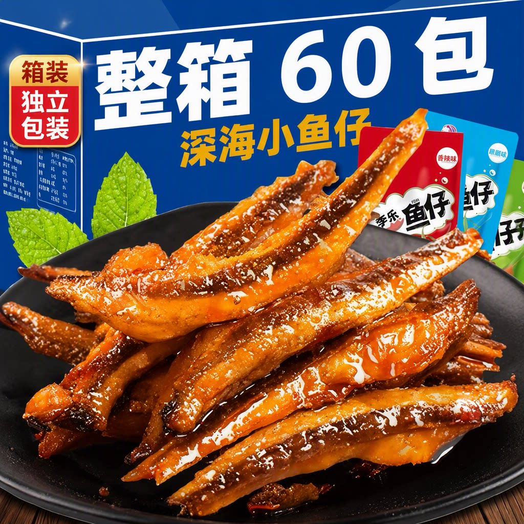 整箱60包劲辣小鱼仔湖南特产鱼干香辣毛毛鱼麻辣解馋零食5包