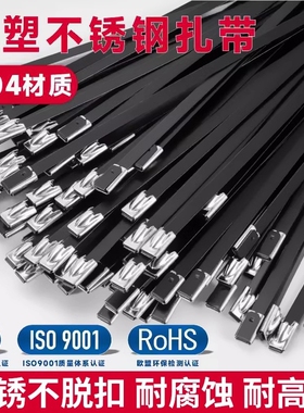 黑色304不锈钢扎带4.6mm/8mm自锁束线带桥架金属扎丝拉紧防水捆扎