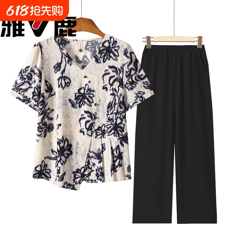 雅鹿新中式妈妈夏装短袖2026新款中老年女时尚洋气小衫套装上衣服