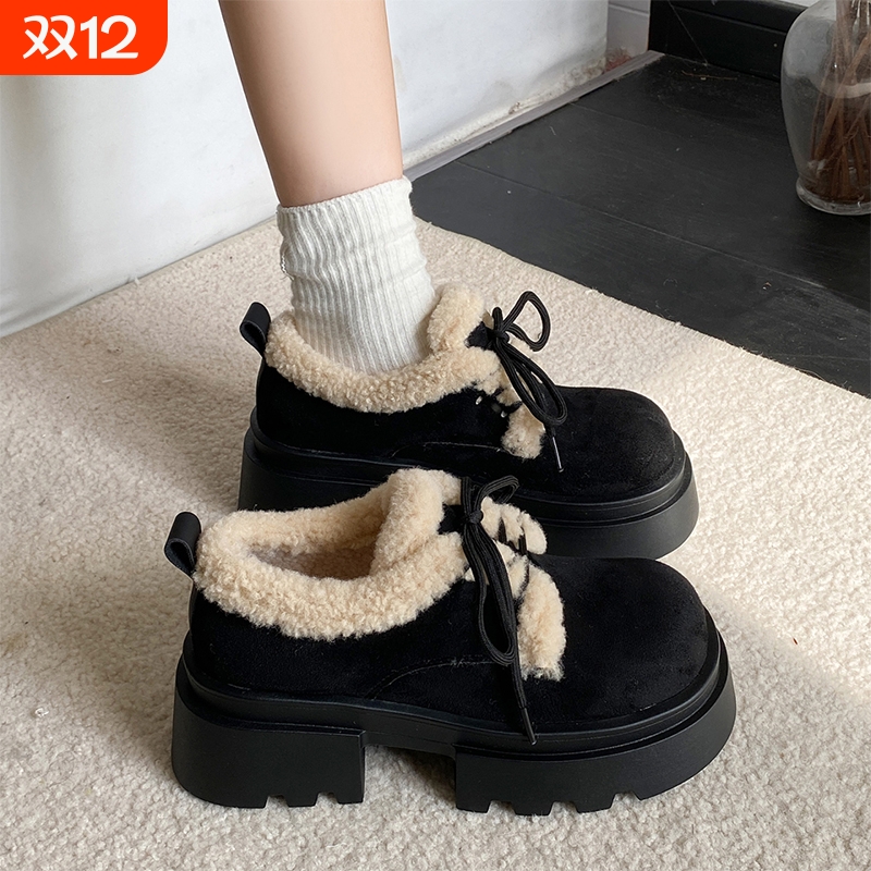 厚底加绒棉鞋女2025年冬季新款英伦风百搭保暖增高防滑毛毛雪地靴