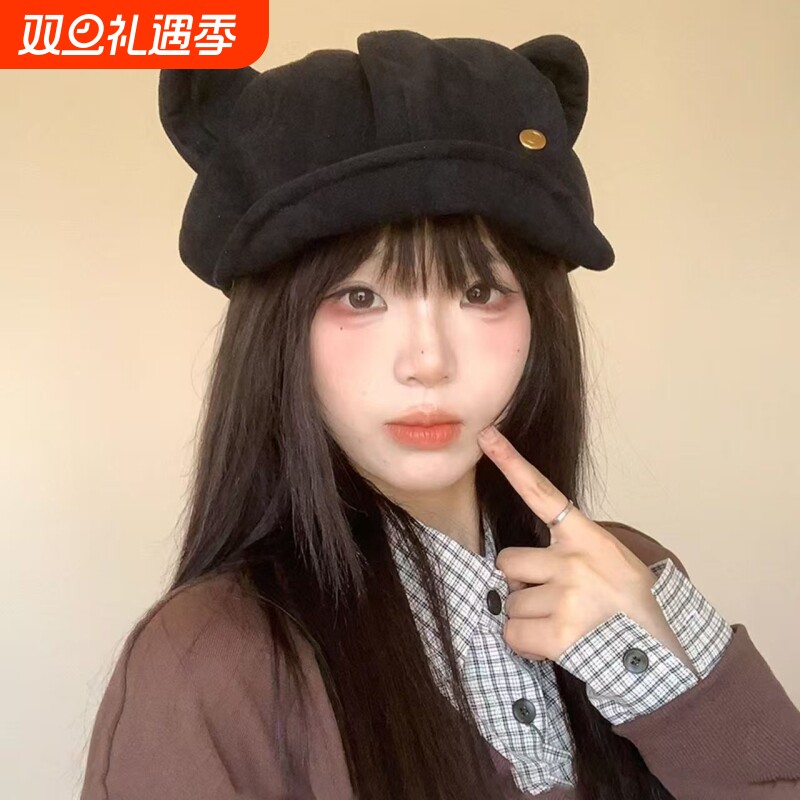麂皮绒猫耳贝雷帽子女秋冬季新款纯色复古百搭八角帽显脸小画家帽