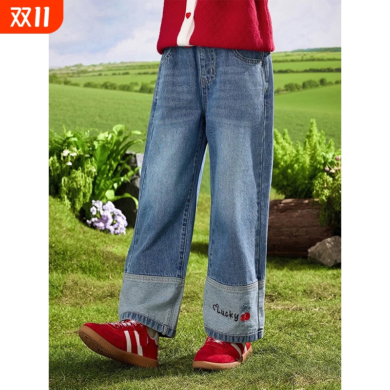 女童时尚宽松牛仔阔腿裤