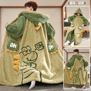 特大码 300斤睡衣男秋冬珊瑚绒中长睡袍加绒加厚宽松学生家居服