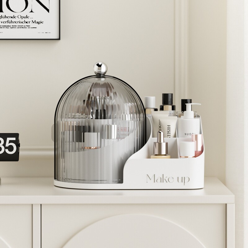 高颜值化妆收纳盒透明旋转化妆刷套装防尘分格口红眉笔桌面收纳盒