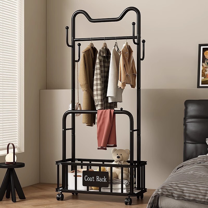 轻奢落地可移动家用室内衣服架简易挂衣架子衣帽架中古双杆收纳