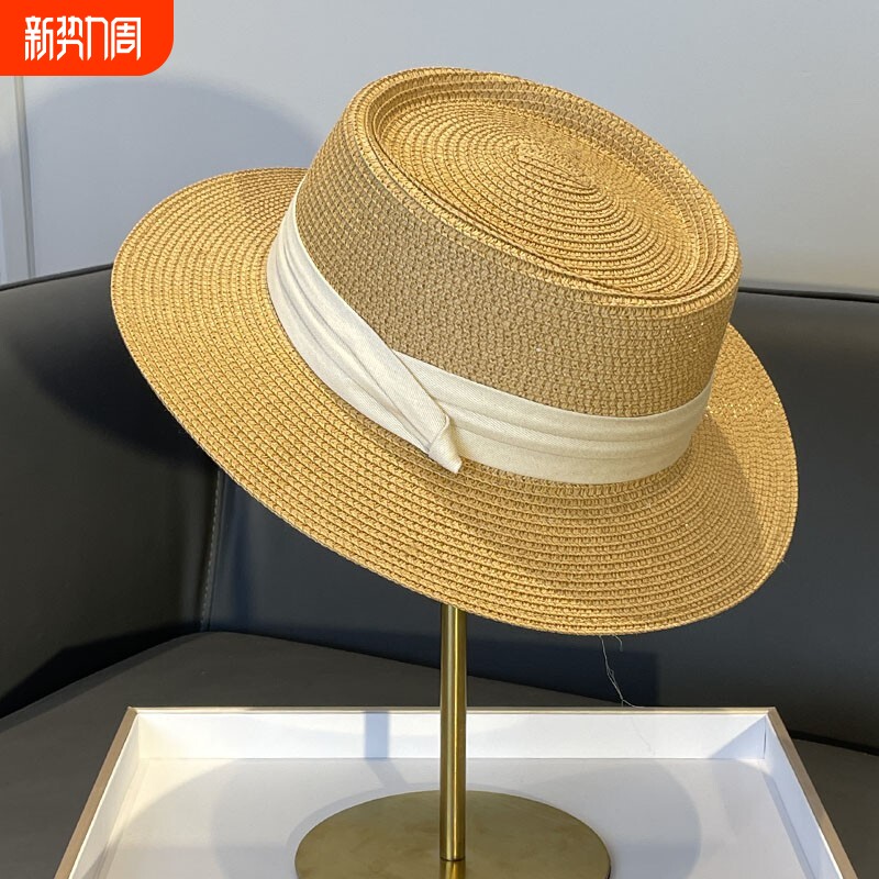 法式平顶防晒帽子女款2024新款礼帽夏季海边度假风遮阳草帽太阳帽
