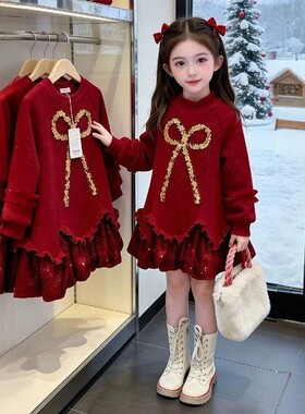女童冬装加绒加厚拼接连衣裙2026新款中大童红色喜庆长袖卫衣裙潮