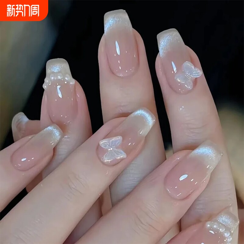 晶石猫眼美甲短款立体蝴蝶法式中长款2025新款高级感穿戴甲贴片