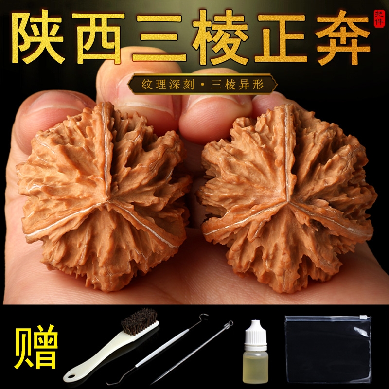 陕西小三棱正奔异形核桃三道筋手捻小尺寸扎手灯笼官帽盘玩手把件