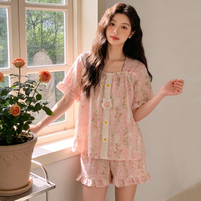 带胸垫睡衣女款夏季2026新款云朵棉吊带短裤甜美田园风女士家居服