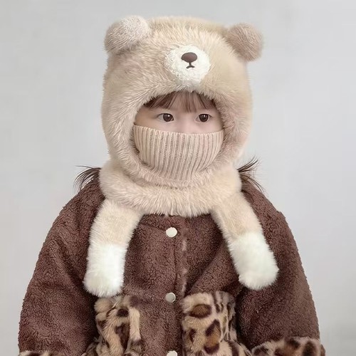儿童帽子冬季可爱小熊男童围脖口罩一体毛绒保暖女宝护耳帽防风