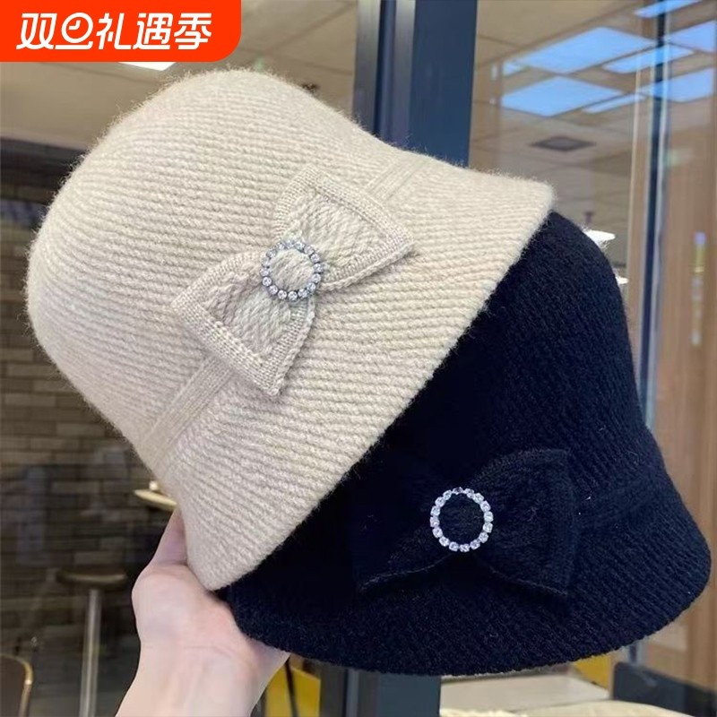 新款帽子女士秋冬拼色保暖羊毛渔夫帽优雅卷边盆帽高级感礼帽黑色