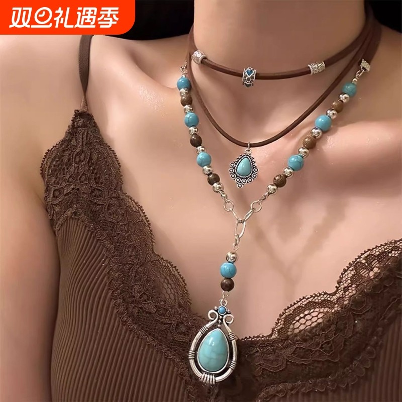 2025新款显眼松石波西米亚复古多层叠戴项链小众设计感锁骨链绿松
