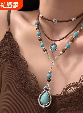 2025新款显眼松石波西米亚复古多层叠戴项链小众设计感锁骨链绿松