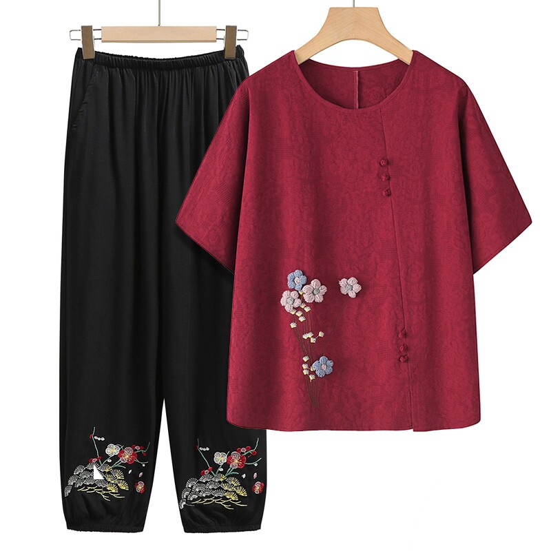 妈妈夏季短袖棉质衣服套装女T恤图片