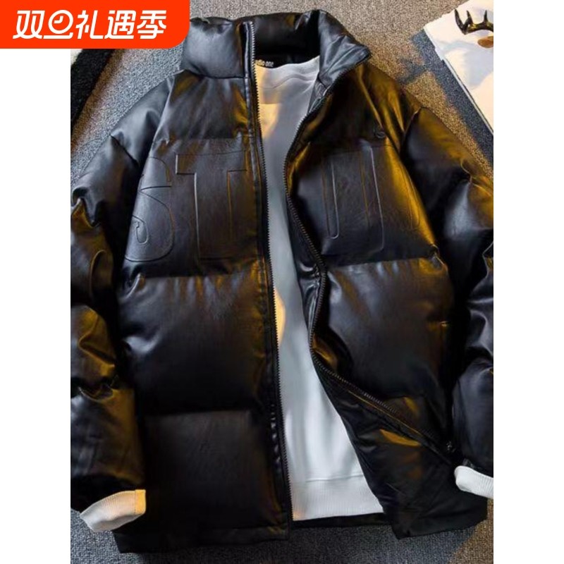 户外PU皮衣羽绒服男款冬季复古vibe面包服宽松立领美式外套情侣装