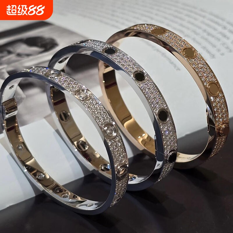 宽版三排钻满天星手镯女不掉色18K玫瑰金时尚百搭高级手环送女友