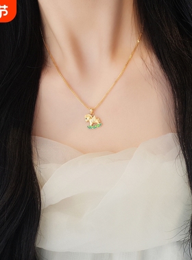 s925纯银祥云飞马项链女古法黄金色马年吊坠锁骨链可爱平步青云