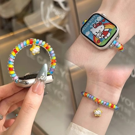 kt猫透明弹力电话线发圈表带适用于iwatch手表applewatch苹果S10舒适夏季s9s8配件se女series654彩虹
