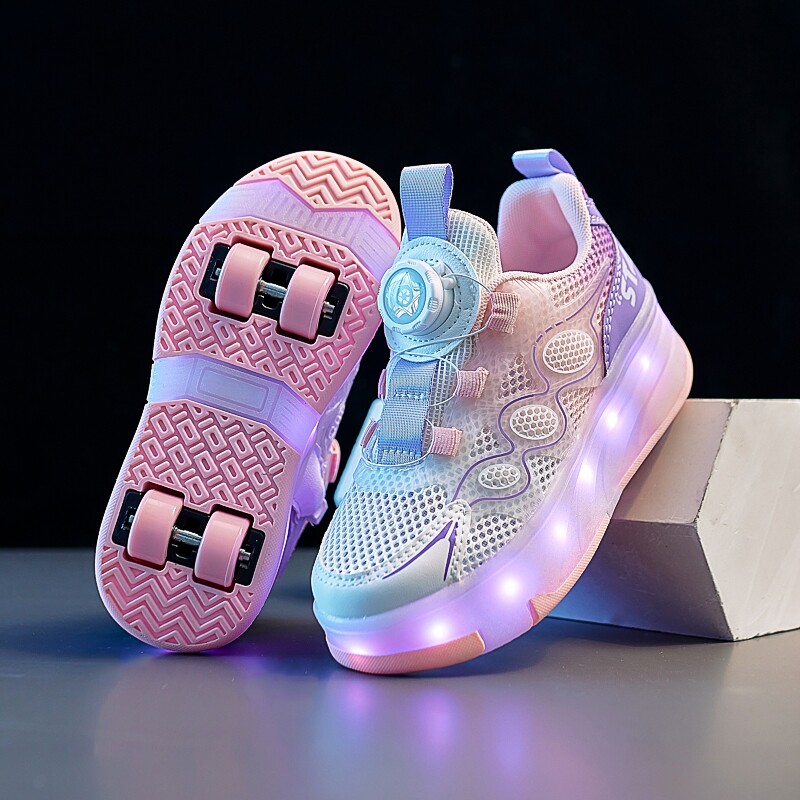 卡通风女童暴走鞋发光轮滑鞋透气溜冰鞋带灯学生运动鞋旋转扣网面