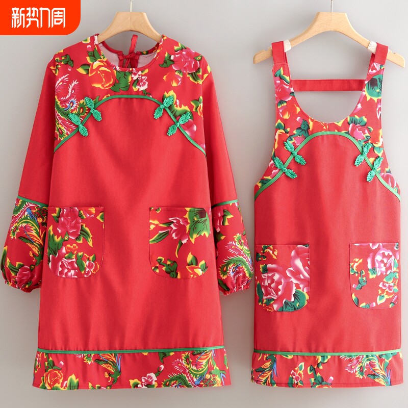 时尚民族风帆布罩衣成人家用厨房做饭透气长袖围裙新款中式工作服